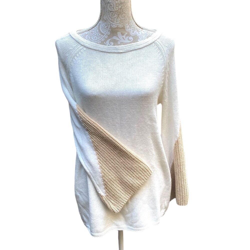 Chico’s 1/M White Gold Sparkle Sweater Beachy Bell Sleeve Bateau Stitch Knit